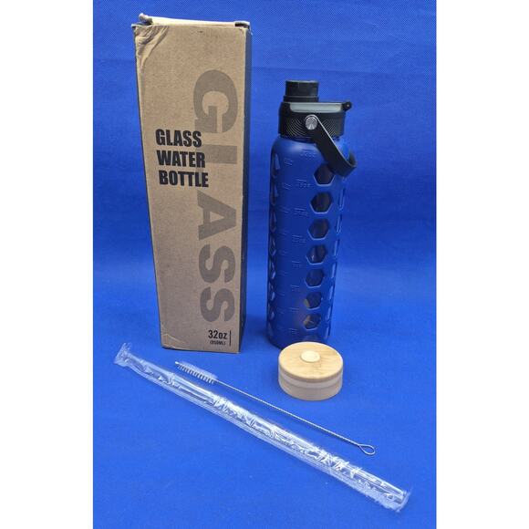 Blue Silicon Wrapped 32oz Glass Water Bottle & Accessories NEW - Picture 1 of 8